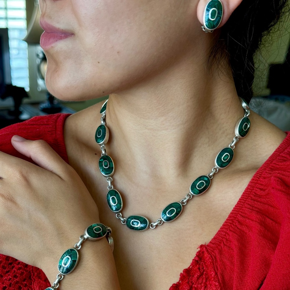 Taxco Malachite Necklace, Bracelet and Earring Set